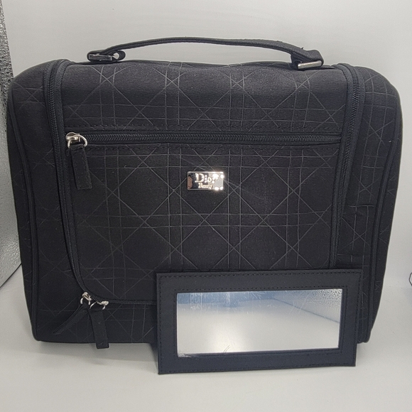Dior Beauty Black Travel Makeup Pouch Back Mirror Pocket Zip Black Square Handle - Picture 1 of 15